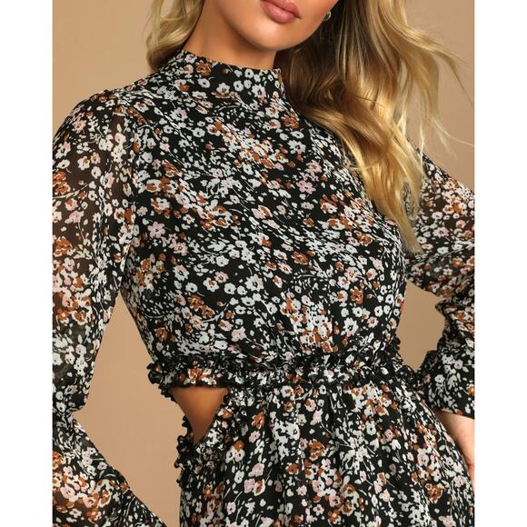 Lulus Autumn Bliss Cutout Mini Dress Size XL Dark Floral Long Sleeve  Boho - Picture 2 of 14